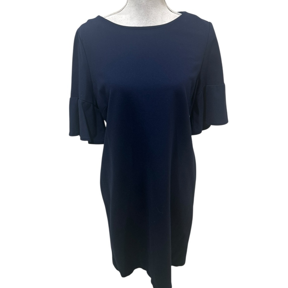 Chico's navy Ponte knit above the knee dress short ruffle sleeves size small